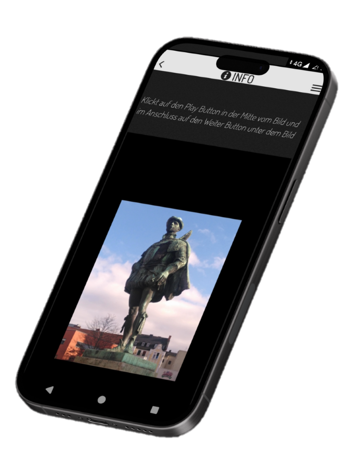 Ein Smartphone zeigt das Interface einer App mit dem Bild einer Statue von einem Edelmann. 