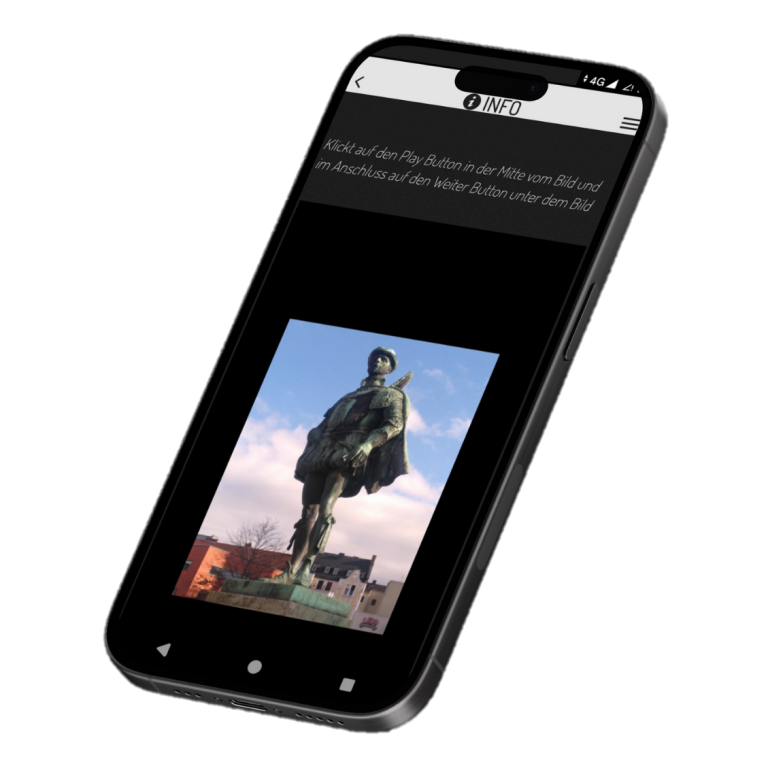 Smartphonebildschirm Ein Smartphonebildschrim zeigt das Interface einer App mit dem Bild einer Statue von einem Edelmann.
