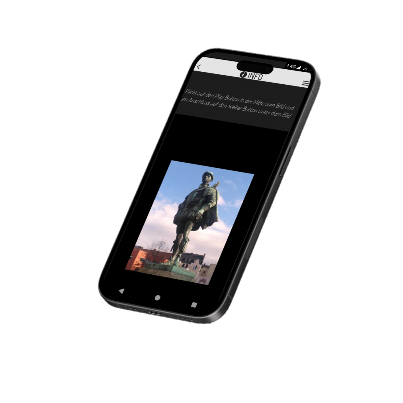 Digitale Zeitreise per App Smartphone-App mit einer Bronzestatue vor blauem Himmel