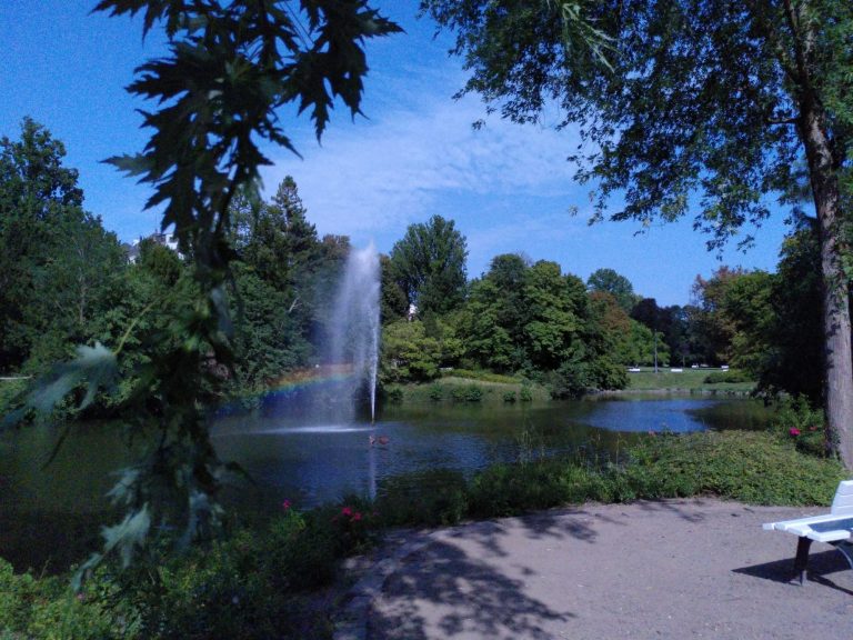 Wiesbaden an einem Tag - Kurpark Sprühender Brunnen in einem Park mit bunten Bäumen und Blick auf einen Regenbogen.