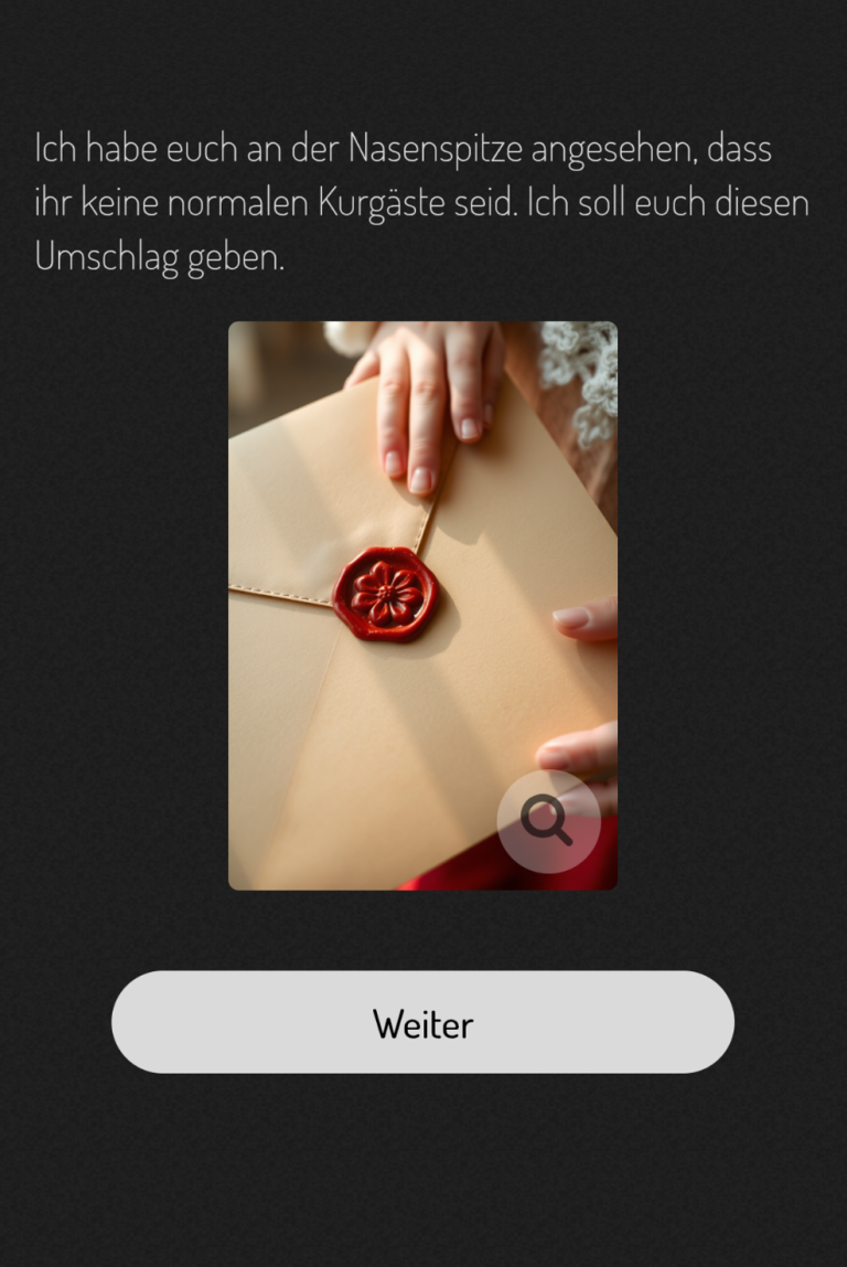 Hände halten einen Umschlag mit einem Wachssiegel in Form einer Rose.