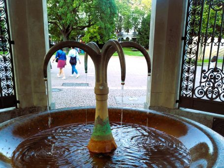 Wiesbaden - Kranzplatz Brunnen mit sprudelndem Wasser, umgeben von grüner Landschaft und vorbeigehenden Personen.