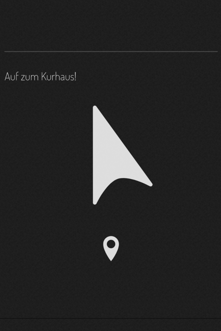 Ein minimalistisches Navigationssymbol auf schwarzem Hintergrund mit Standortmarkierung.